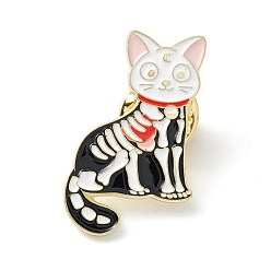 Negro Pin de esmalte de gato esqueleto, broche de aleación de halloween para ropa de mochila, la luz de oro, negro, 28.5x20x2 mm, pin: 1 mm