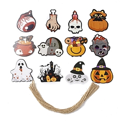 Color mezclado 12 estilos etiquetas de papel tema de halloween, con cuerda de cáñamo, etiquetas de regalo etiquetas colgantes para decoración de halloween, color mezclado, 46.5~60x35~61x0.2 mm, agujero: 4 mm