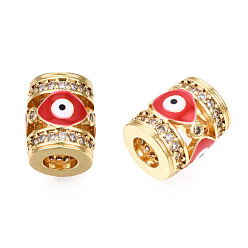 Dark Red Brass Micro Pave Cubic Zirconia Beads, with Enamel, Real 18K Gold Plated, Column with Evil Eye, Nickel Free, Dark Red, 11.5x9.5mm, Hole: 4.5mm