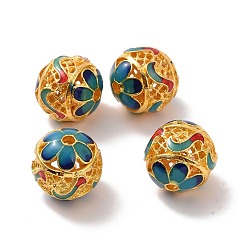 Coloré Perles en alliage creux, avec l'émail, ronde avec des fleurs, couleur or mat, colorées, 14mm, Trou: 2mm