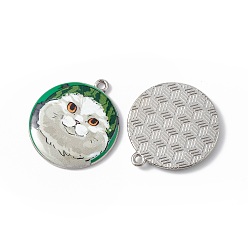 Green Printed Alloy Pendants, Platinum, Flat Round with Cat Charm, Green, 28x25x3mm, Hole: 1.8mm