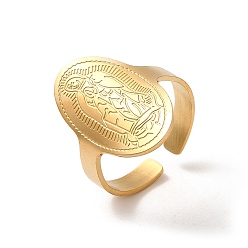 Oro 304 brazaletes abiertos de acero inoxidable para mujer, ovalada con el patrón virgen maría, dorado, tamaño de EE. UU. 8 1/4 (18.3 mm)