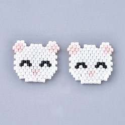 White Handmade Seed Beads Pendants, with Elastic Thread, Loom Pattern, Cat Shape, White, 18~19x19~20x1.5mm
