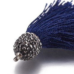 Marine Blue Silk Thread Tassel Pendants, with Polymer Clay Rhinestone and Brass Findings, Platinum, Marine Blue, 49x11mm, Hole: 1.6mm