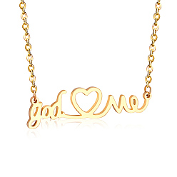 Real 18K Gold Plated SHEGRACE Stainless Steel Pendant Necklaces, with Lobster Claw Clasps and Cable Chains, Word God Love and Heart, Real 18K Gold Plated, 17.7 inch(45cm), Pendant: 44.5x14mm