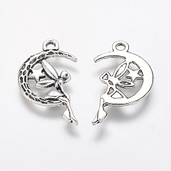 Antique Silver Tibetan Style Alloy Moon with Fairy Pendants, Halloween, Cadmium Free & Lead Free, Antique Silver, 25.4x14x2mm, Hole: 2mm, about 454pcs/500g