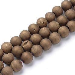 Antique Bronze Plated Electroplated Natural Druzy Geode Agate Bead Strands, Matte Style, Round, Antique Bronze Plated, 8~9mm, Hole: 1mm, about 46pcs/strand, 14.7 inch