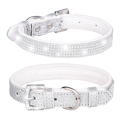 Silver Adjustable Glittered Felt Pet Collars, Resin Rhinestone Cat Dog Choker Necklace, Silver, 420x20mm