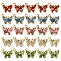 Mixed Color 25Pcs Alloy Pendants, with Cubic Zirconia, Golden, Butterfly, Mixed Color, 12x15mm, Hole: 2mm