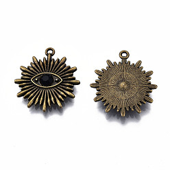 Bronze Antique Crémaillère pendentifs en alliage placage, avec jet strass, sans cadmium et sans plomb, fleur avec oeil, bronze antique, 28x25x4.5mm, Trou: 1.5mm