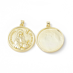 Real 18K Gold Plated Rack Plating Brass Pendants, Long-Lasting Plated, Lead Free & Cadmium Free, Flat Round with Virgin Mary Charm, Real 18K Gold Plated, 33.5x30x4mm, Hole: 4x3mm