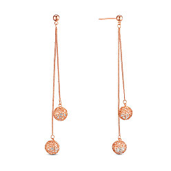 Rose Gold SHEGRACE Brass Cubic Zirconia Dangle Stud Earrings, with Curb Chains and Hollow Round Beads, Rose Gold, 76mm