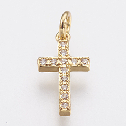 Golden Brass Micro Pave Cubic Zirconia Pendants, Lead Free & Cadmium Free, Cross, Golden, 16x8.5x2mm, Hole: 2.5mm