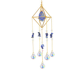 Lapis Lazuli Natural Lapis Lazuli Chip Pendant Decoration, with Glass Teardrop Charm, for Room Window Patio Hanging Oornaments, Golden, 500mm