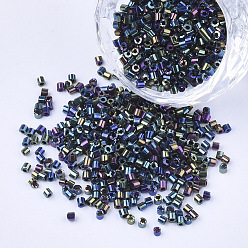Coloré Galvanoplastie perles cylindriques en verre, Perles de rocaille, trou rond, iris, colorées, 1.5~2x1~2mm, Trou: 0.8mm, environ 8000 pcs / sachet , environ 85~95 g /sachet 