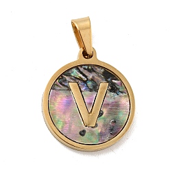 Letter V Vacuum Plating 304 Stainless Steel with Paua Shell Pendants, Golden, Flat Round with Letter Charm, Letter.V, 18x16x1.5mm, Hole: 3x6mm