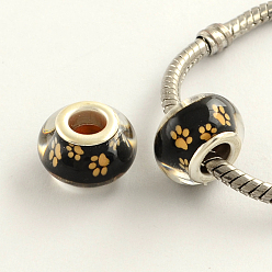 Sandy Brown Large Hole Dog Paw Prints Pattern Resin European Beads, with Platinum Plated Brass Double Cores, Rondelle, Sandy Brown, 14x9mm, Hole: 5mm