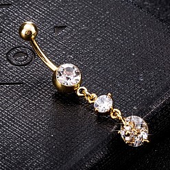 Clear Piercing Jewelry, Brass Cubic Zirconia Navel Ring, Belly Rings, with Surgical Stainless Steel Bar, Cadmium Free & Lead Free, Real 18K Gold Plated, Clear, 47x7mm, Bar: 15 Gauge(1.5mm), Bar Length: 3/8"(10mm)