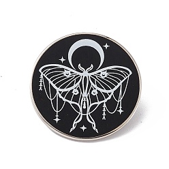 Black Moon With Moth Enamel Pin, Platinum Brass Flat Round Brooch for Backpack Clothes, Black, 30.5x2mm, Pin: 1.2mm.