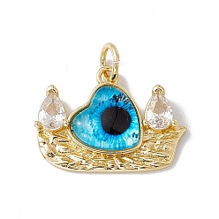 Deep Sky Blue Brass Micro Pave Clear Cubic Zirconia Pendants, with Eye Resin and Jump Rings, Lead Free & Cadmium Free, Boat with Heart Charm, Real 18K Gold Plated, Deep Sky Blue, 17x22.5x4.5mm, Hole: 4mm