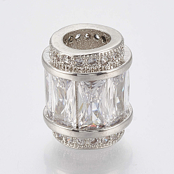 Clair Micro cuivres ouvrent zircone cubique perles européennes, Perles avec un grand trou   , baril, platine, clair, 11.5x9.5mm, Trou: 5mm