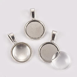 Античное Серебро Поделки кулон решений, с узором кабошона с подвеской из сплава и прозрачными стеклянными кабошонами, плоско-круглые, античное серебро, подвеска кабошона: 26.5x17x2 мм, отверстие : 3.5x7 мм, лоток: 14 мм, стекло кабошона: 13.5~14x4 мм, 2 шт / комплект
