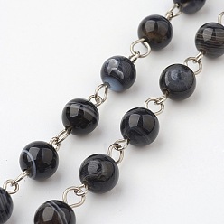 Black Natural Striped Agate/Banded Agate Handmade Beaded Chains, Unwelded, with Iron Eye Pin, Platinum, Black, 39.37 inch
