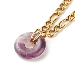 Amethyst Natural Amethyst Donut Pendant Necklace, Gemstone Necklace with 304 Stainless Steel Figaro Chain for Women, Golden, 15.87 inch(40.3cm)