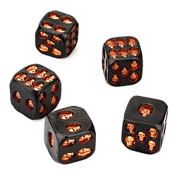 Coral Resin 6 Sided Dices, Cube with Skull, for Table Top Games, Role Playing Games, Math Teaching, Halloween Theme, Coral & Black, 18x18x18mm, 5pcs/set