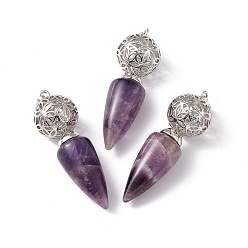 Amethyst Natural Amethyst Big Pendants, Cone Charms with Rack Plating Brass Hollow Ball, Platinum, Cadmium Free & Lead Free, 57~58x17.5~18mm, Hole: 8x5mm