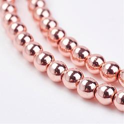 Plaqué D'or Rose Non-magnétiques brins de perles d'hématite synthétique, ronde, rose plaqué or, 3mm, Trou: 0.5mm, Environ 135 pcs/chapelet, 15.7 pouce