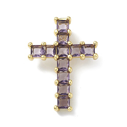 Medium Purple Rack Plating Brass Pendant, with Glass, Lead Free & Cadmium Free, Cross Charms, Real 18K Gold Plated, Medium Purple, 31.5x23x4~7.5mm, Hole: 5x2.5mm