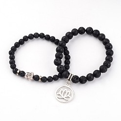 Lava Rock Flat Round with Lotus Natural Lava Rock Beaded Charm Bracelet Sets, with Tibetan Style Alloy Beads, 53~56mm