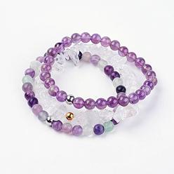 Mixed Stone Natural Mixed Gemstone Stretch Bracelets, Amethyst & Fluorite & Quartz Crystal, with 304 Stainless Steel Beads, Cardboard Jewelry Box Packing, 2 inch~2-1/4 inch(52~57mm), 3strands/set
