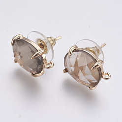 Light Grey Faceted Glass Stud Earring Findings, with Loop, Light Gold Plated Brass Findings, Oval, Light Grey, 14x10x5mm, Hole: 1mm, Pin: 0.8mm
