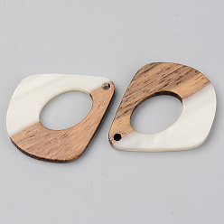 Floral White Opaque Resin & Walnut Wood Pendants, Teardrop, Floral White, 32.5x27.5x3mm, Hole: 2mm