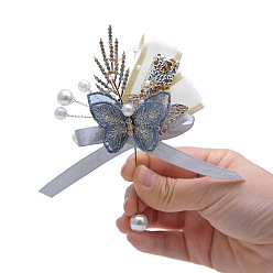Steel Blue Silk Cloth Imitation Butterfly & Bowknot Corsage Boutonniere, with Plastic Beads and Rhinestone, for Men or Bridegroom, Groomsmen, Wedding, Party Decorations, Steel Blue, 130x100mm