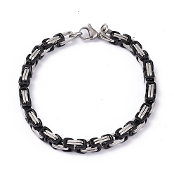 Black Vacuum Plating 304 Stainless Steel Byzantine Chain Bracelets, with Lobster Claw Clasps, Electrophoresis Black & Stainless Steel Color, 8-1/4~8-3/8 inch(20.5~21.3cm), 5mm