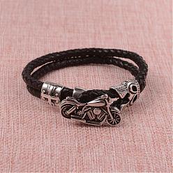 Black Braided Leather Cord Bracelets, Multi-strand Bracelets, with 316 Surgical Stainless Steel Motorcycle Clasps, Antique Silver, Black, 235x5x2mm