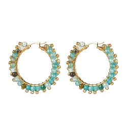Turquoise Natural Agate Beaded Hoop Earrings, 304 Stainless Steel Wire Wrap Jewelry for Women, Golden, Turquoise, 43x43.5x9mm, Pin: 1.1x0.6mm