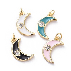 Mixed Color Cubic Zirconia Charms, with Brass Findings and Enamel, Moon, Golden, Mixed Color, 15x9x2mm, Hole: 1.8mm