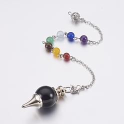 Black Agate Natural Black Agate Sphere Dowsing Pendulums, with Mixed Stone and Brass Findings, Chakra, Round, Platinum, 240~245mm