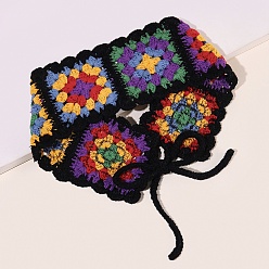 Black Colorful Flower Crochet Cotton Elastic Headbands, Wide Hair Accessories for Woman Girls, Black, 410~500mm