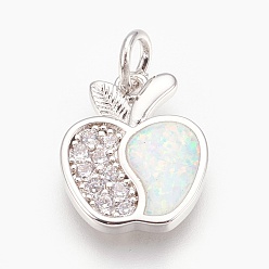 Platinum Brass Micro Pave Cubic Zirconia Pendants, with Synthetic Opal, Apple, White, Platinum, 16x13x2mm, Hole: 4mm