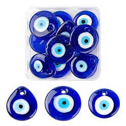 Bleu 12 pcs 3 pendentifs de style mauvais œil faits à la main au chalumeau, goutte plate et ronde plate, bleu, 30~35x5~6mm, Trou: 3~4mm, 4 pcs / style