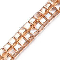 BurlyWood Electroplate Transparent Glass Beads Strands, , Faceted, Cube, BurlyWood, 7x7x7mm, Hole: 1.4mm, about 100pcs/strand, 26.77 inch(68cm)