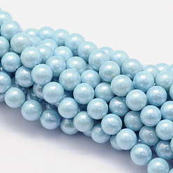Sky Blue Shell Pearl Beads Strands, Round, Sky Blue, 8mm, Hole: 1mm, about 49pcs/strand, 16 inch