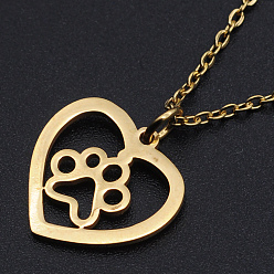 Golden 201 Stainless Steel Pendant Necklaces, with Cable Chains and Lobster Claw Clasps, Heart with Dog Paw Prints, Golden, 15.74 inch(40cm), 1.5mm