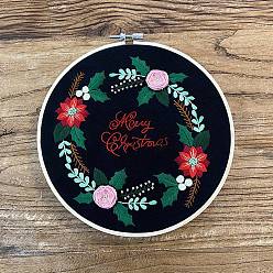 Christmas Wreath DIY Christmas Theme Embroidery Kits, Including Printed Cotton Fabric, Embroidery Thread & Needles, Plastic Embroidery Hoop, Christmas Wreath, 275x275mm