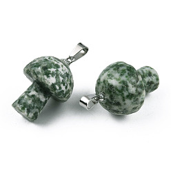 Punto Verde Piedra Colgantes de jaspe mancha verde natural, con broches de presión de acero inoxidable, en forma de hongo, 24~25x16 mm, agujero: 5x3 mm